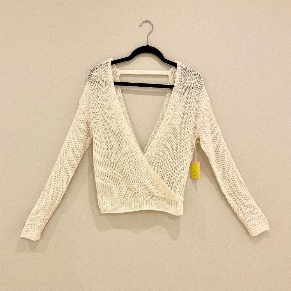 NWT Deep-V Cross-Front Knit Sweater - White
